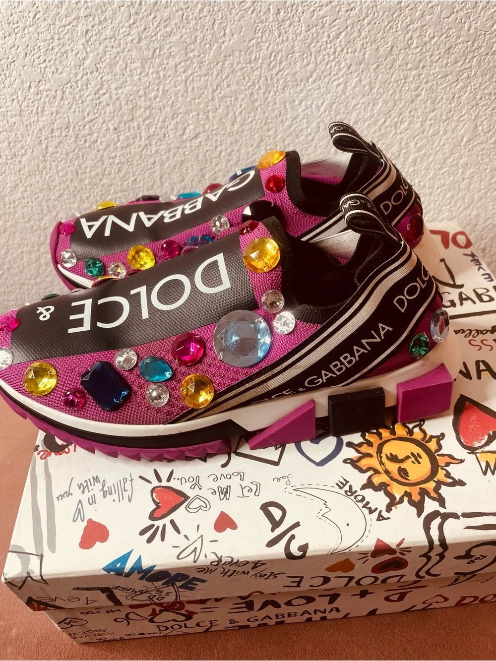 Dolce & Gabbana Hot Pink Jeweled Logo Slip-On Sneakers